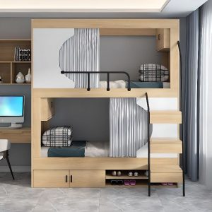 "Simplistic Wood Color Lumber Kids Bunk Bed with Storage, 1 Cabinet, Ladder & Guardrail"