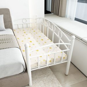 "Simplistic White Iron Standard Kids Bed with Guardrail for Gender Neutral"