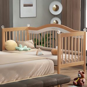 "Gender Neutral Art Deco Natural Wood Panel Standard Children Bed with Detachable Guardrails & Neutral Wood Tone"