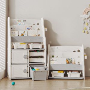 "Chalk Standard Children's Bookshelf with Multiple Shelves and Doors, Horizontal Orientation, Open Back, Synthetic Shelf, and Various Bins"
