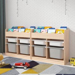 "Natural Finish Pine Standard Children's Bookshelf with Multiple Storage Bins"