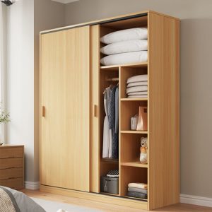 "Functional Kids Wardrobe with Lumber Build, Shelf, Clothing Rod, and Door"