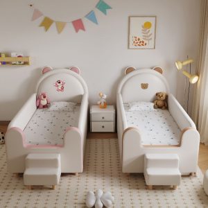"Nordic Style Pine Standard Children Bed in Natural Wood Finish with Panel Headboard, Sponge Fill & Surrounding Guardrail - Animal Theme"