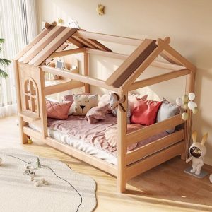 "Nordic Style Dollhouse Theme Standard Children Bed in Natural Wood Finish"