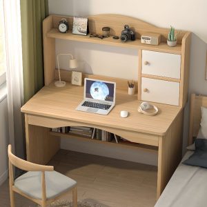 "Wood Grain/White/Dove Grey Timber Kids Computer Desk with Chair, Receptacle, Shelf and Hutch"