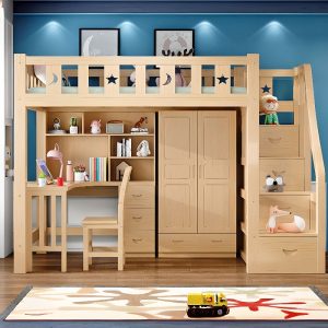 "Modern Simple Style Sand-Toned Children Loft Bed with 4 Drawers, Slat Headboard & Loft Configuration"