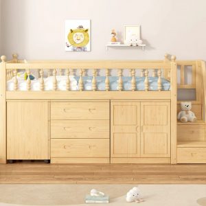 "Natural Wood Finish Children Loft Bed with 3 Drawers Loft Configuration"