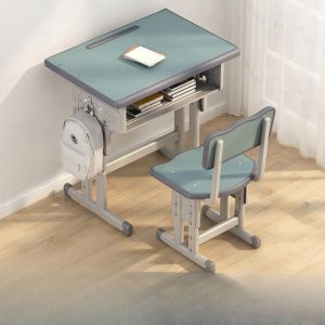 "Adaptable Height Water-resistant Lumber Kids Computer Desk with Chair, Gray/Cerulean/Lime Green Top, Storage, and Shelf"