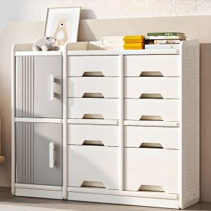 "Modern Kids Toy Organizer with 2/3 Shelves, Horizontal/Vertical Orientation, Polymer Compound, 2/4 Doors, Independent Installation"